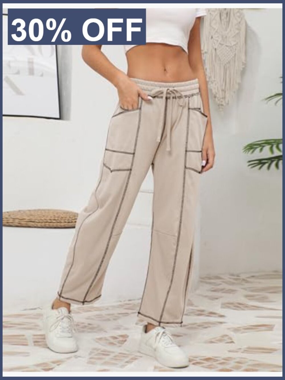 Baggy Barrel Pants Wide Leg Lounge Drawstring Sweatpants with Pockets - Picture 4 of 7